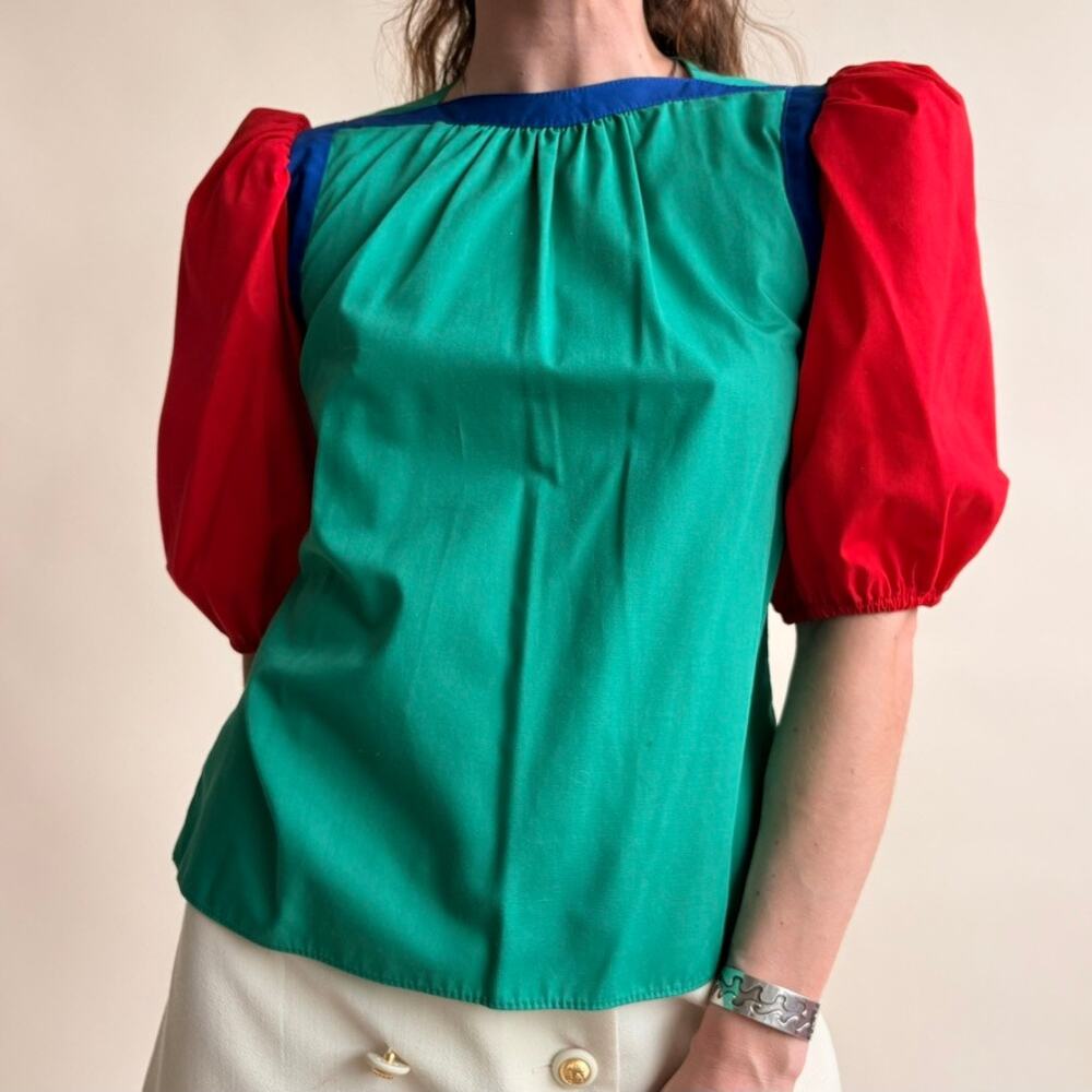 Ned Gould Color Block Puff Sleeve Top - Green/Blue/Red, Size 1 (Fits S)